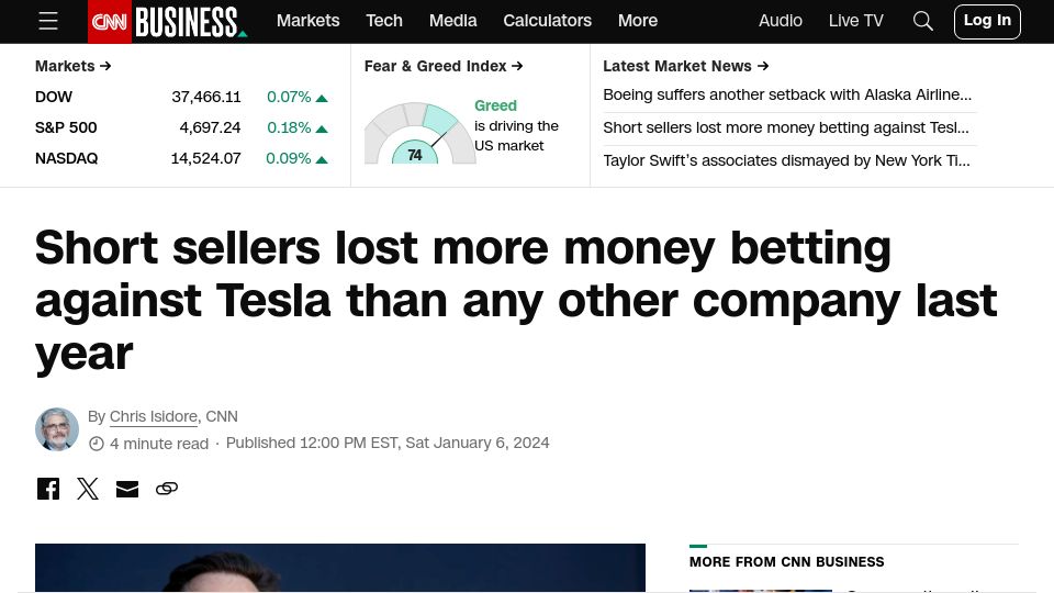 Screenshot of cnn.com: Short sellers lost more betting against Tesla than any other company last year