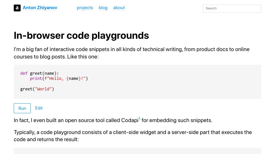 Screenshot of antonz.org: In-browser code playgrounds