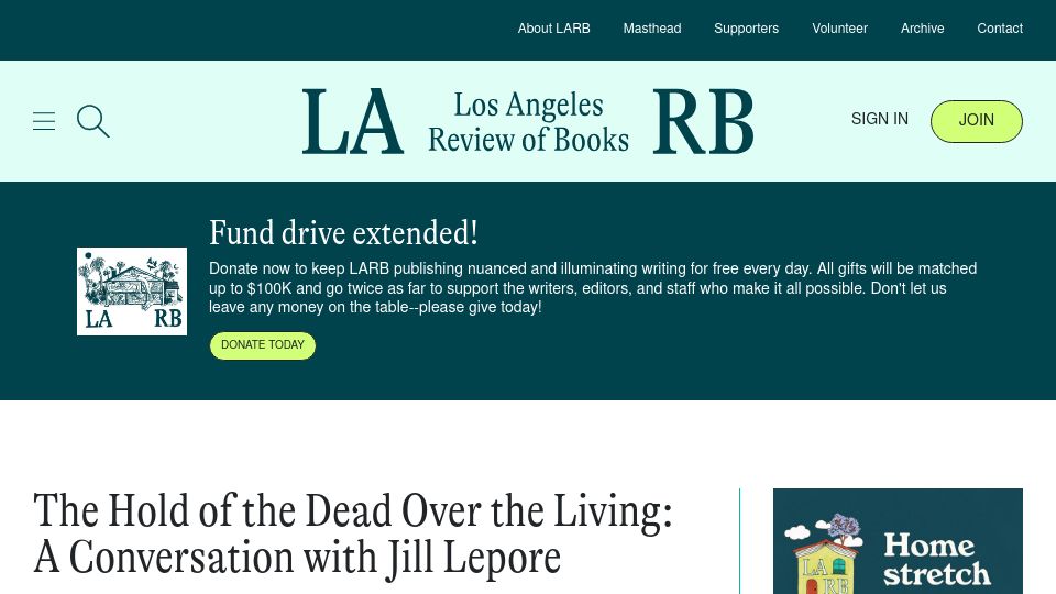 Screenshot of lareviewofbooks.org: The Hold of the Dead over the Living: A Conversation with Jill Lepore