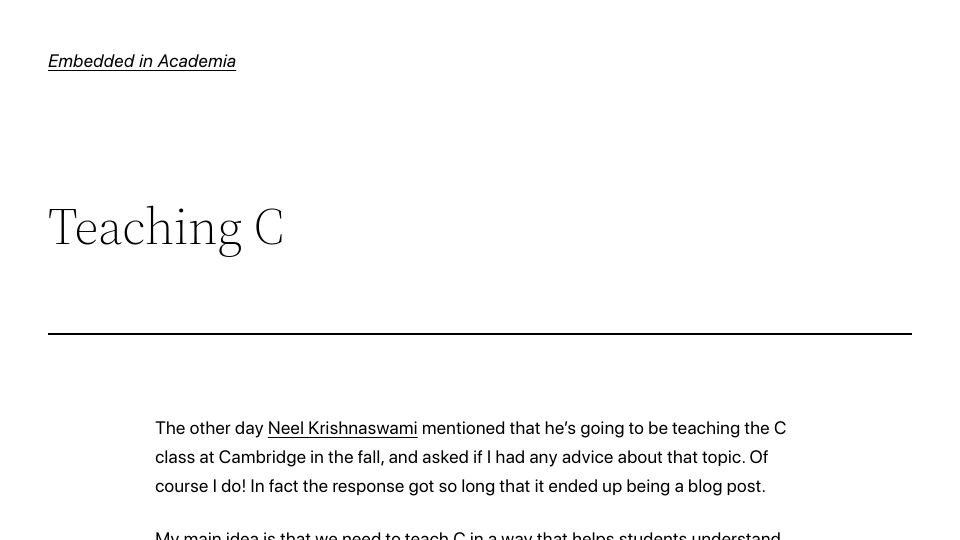 Screenshot of blog.regehr.org: Teaching C (2016)