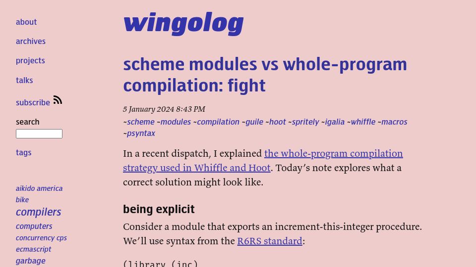 Screenshot of wingolog.org: Scheme modules vs. whole-program compilation: fight