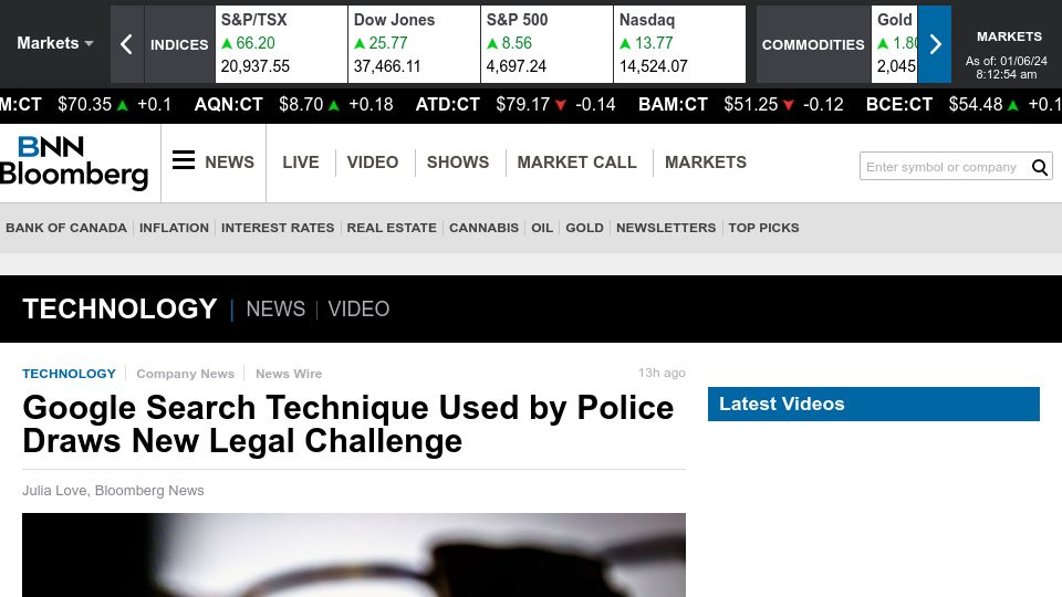 Screenshot of bnnbloomberg.ca: Google Search Technique Used by Police Draws New Legal Challenge