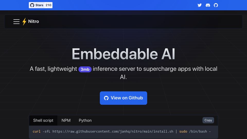 Screenshot of nitro.jan.ai: Nitro: A fast, lightweight inference server with OpenAI-Compatible API