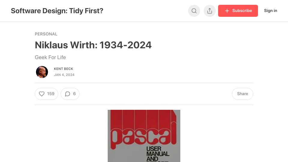 Screenshot of tidyfirst.substack.com: Niklaus Wirth, 1934-2024: Geek For Life