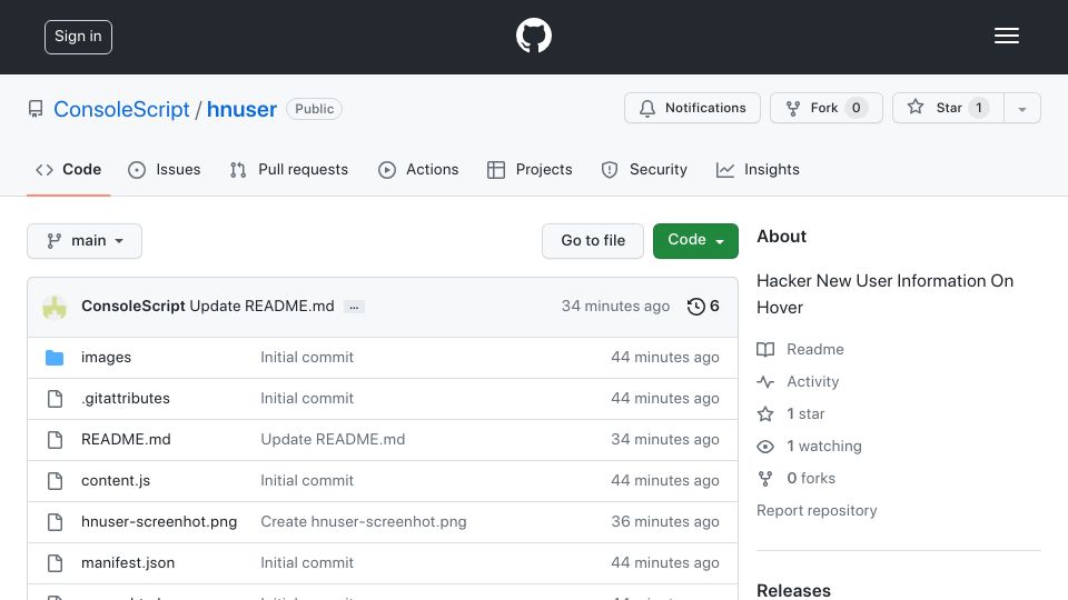 Screenshot of github.com: Show HN: Hacker News User Information on Hover
