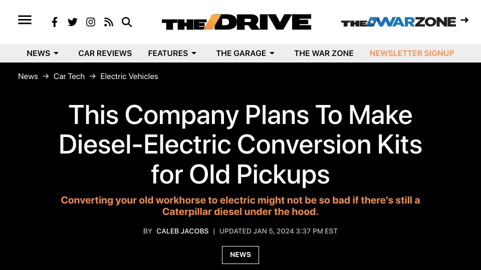 Screenshot of thedrive.com: Diesel-Electric Conversion Kits for Old Pickups