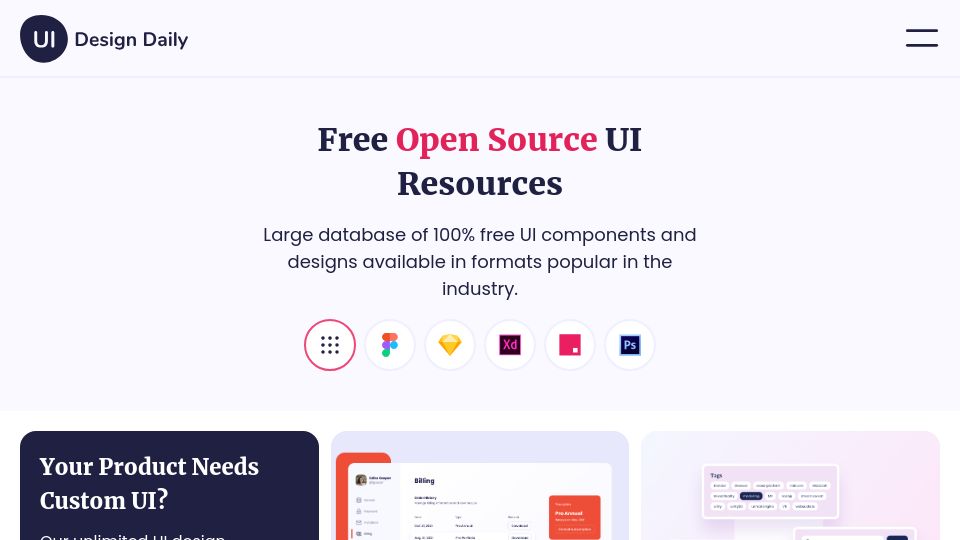 Screenshot of uidesigndaily.com: UIDesignDaily 4 years later, 1600 open-source designs