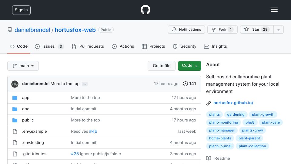 Screenshot of github.com: HortusFox – A self-hosted collaborative plant management system