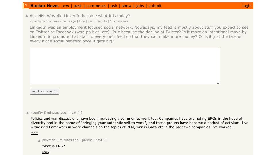 Screenshot of Hacker News post: Ask HN: Why did LinkedIn become what it is today?