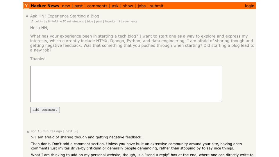 Screenshot of Hacker News post: Ask HN: Experience Starting a Blog