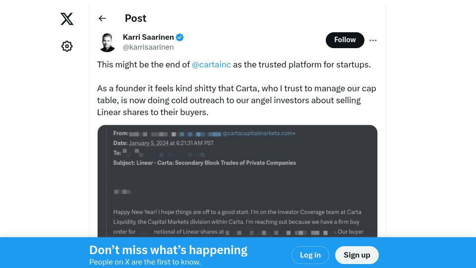 Screenshot of twitter.com: Carta doing unsolicited tender offer outreach to their customers' investors