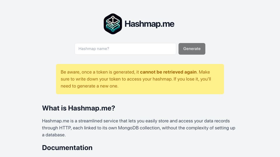 Screenshot of hashmap.me: Show HN: Hashmap.me – Simple HTTP-Based Data Storage and Retrieval