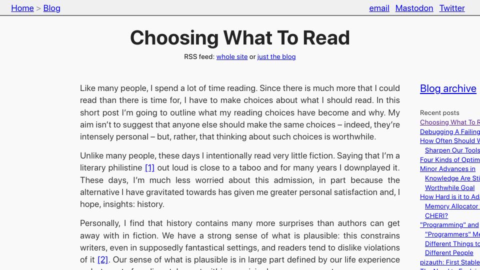 Screenshot of tratt.net: Choosing what to read