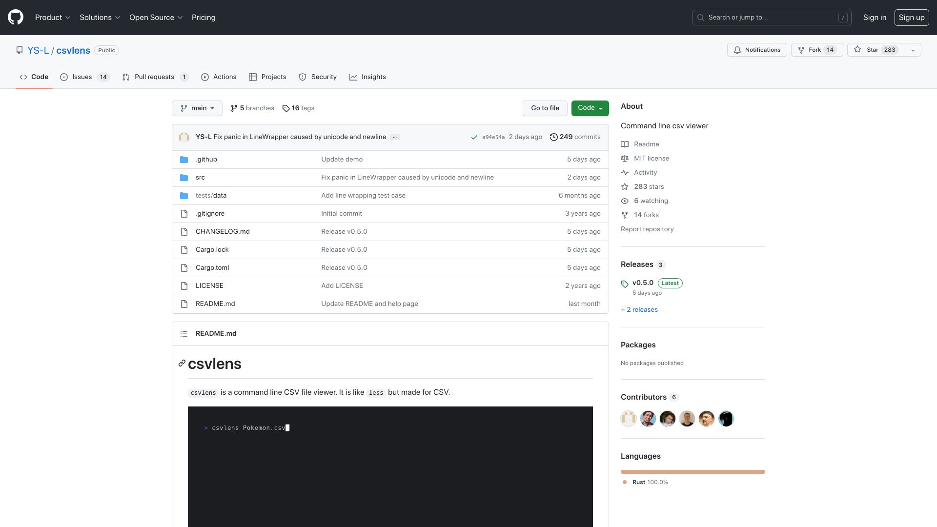 Screenshot of github.com: Csvlens: Command line CSV file viewer. Like less but made for CSV