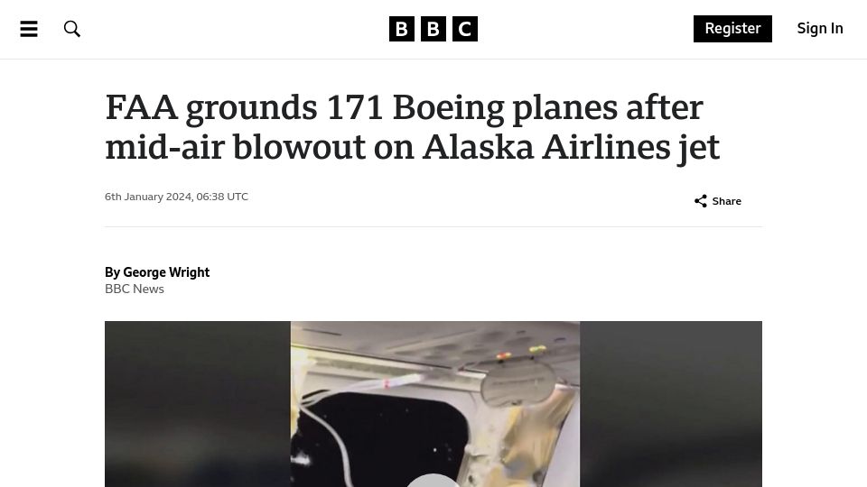 Screenshot of bbc.com: FAA grounds 171 Boeing planes after mid-air blowout