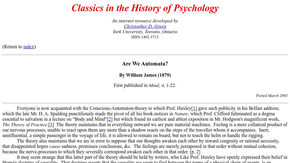 Screenshot of psychclassics.yorku.ca: "Are We Automata?" by William James (1879)