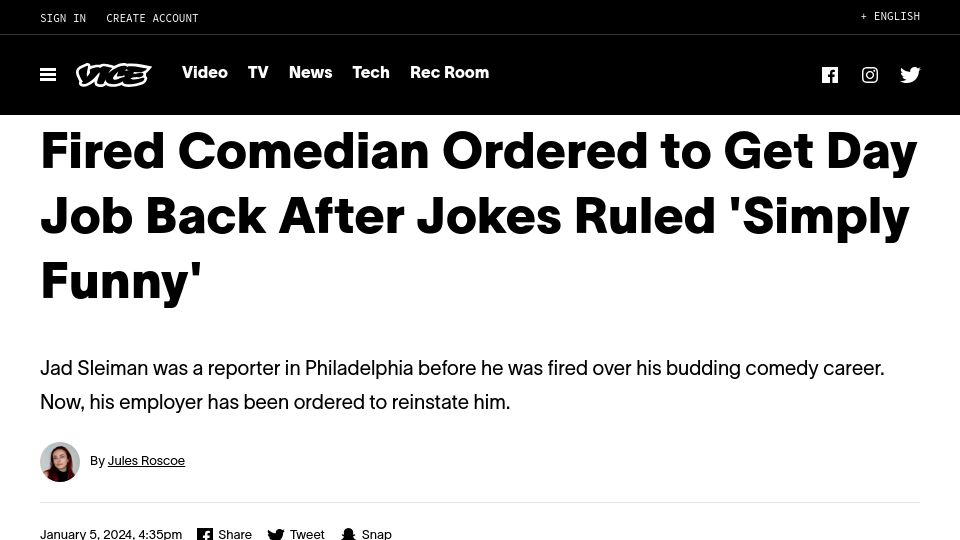 Screenshot of vice.com: Fired comedian ordered to get day job back after jokes ruled 'simply funny'