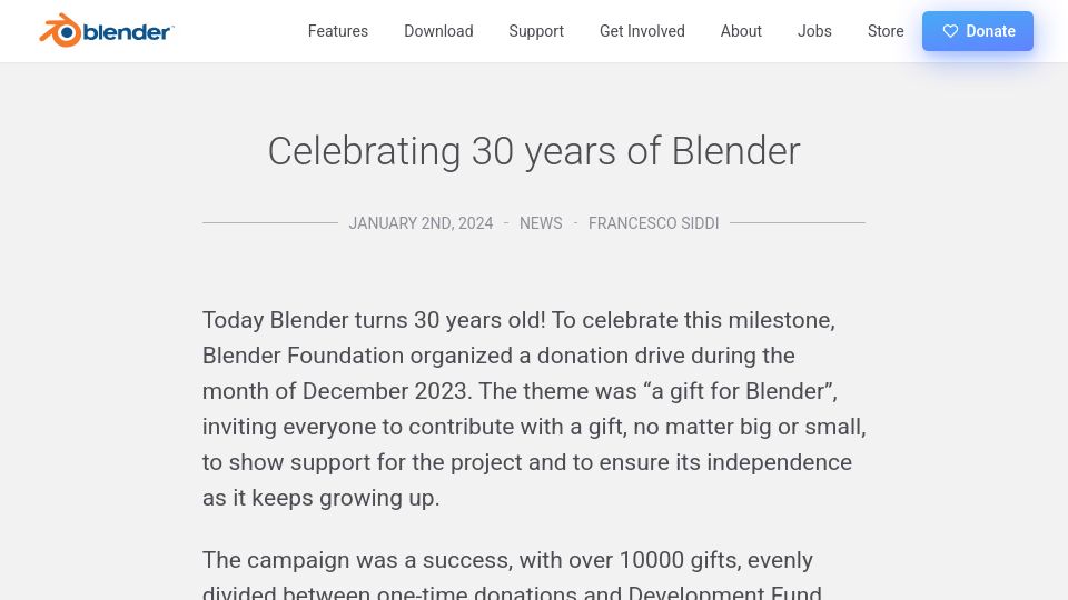 Screenshot of blender.org: Celebrating 30 Years of Blender