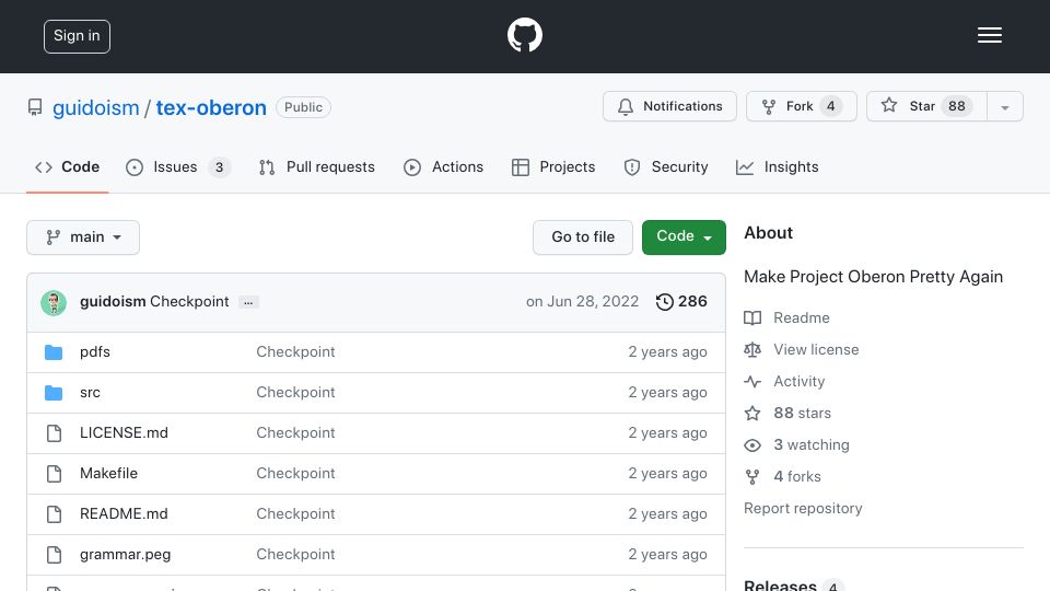 Screenshot of github.com: Tex-Oberon: Make Project Oberon Pretty Again