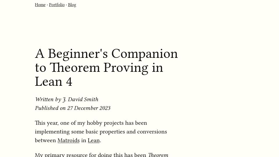 Screenshot of emallson.net: A Beginner's Companion to Theorem Proving in Lean 4