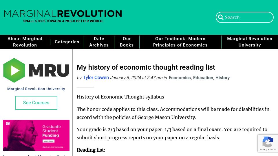 Screenshot of marginalrevolution.com: My history of economic thought reading list