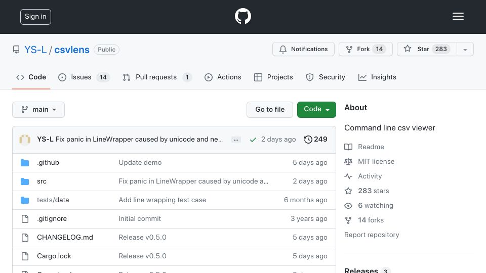 Screenshot of github.com: Csvlens: Command line CSV file viewer. Like less but made for CSV