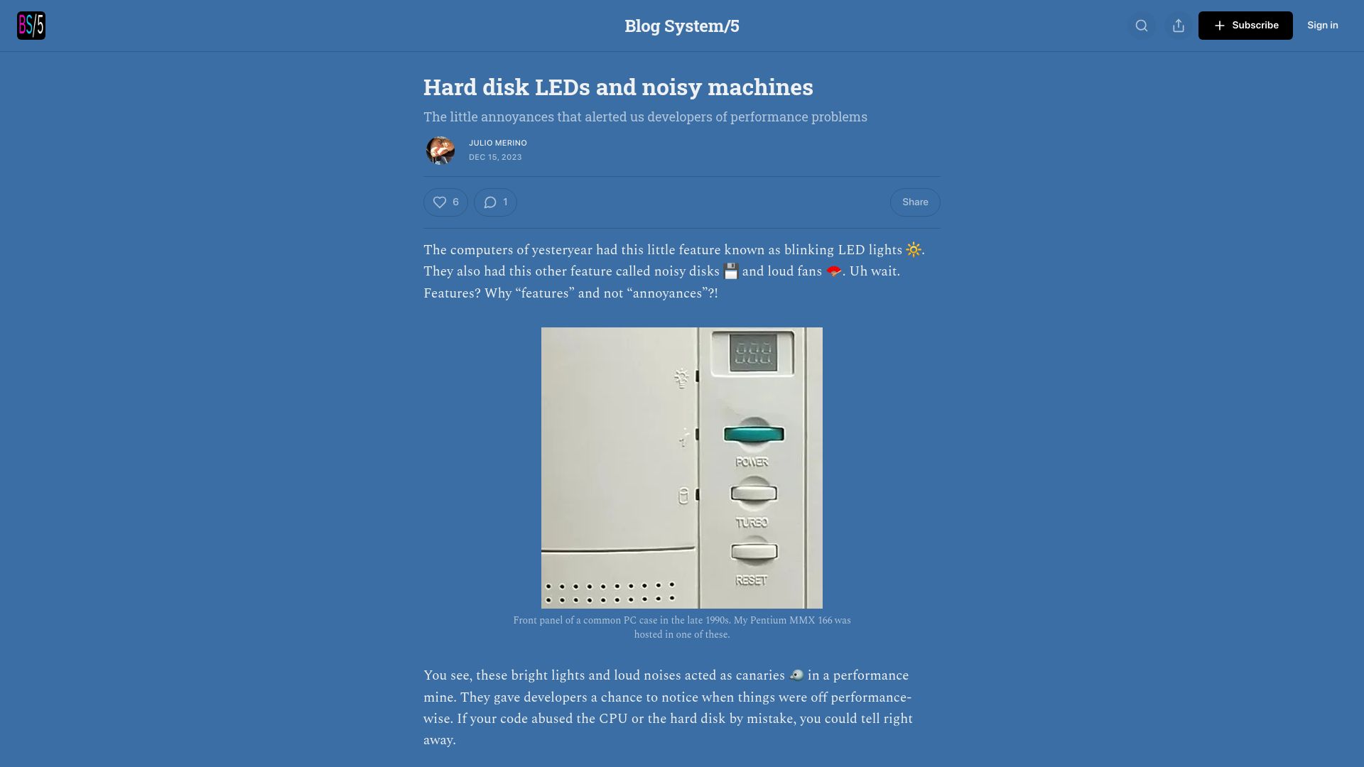 Screenshot of blogsystem5.substack.com: Hard disk LEDs and noisy machines