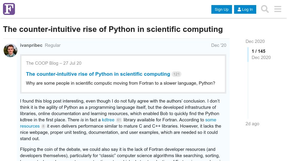 Screenshot of fortran-lang.discourse.group: Fortran vs Python: The counter-intuitive rise of Python in scientific computing (2020)