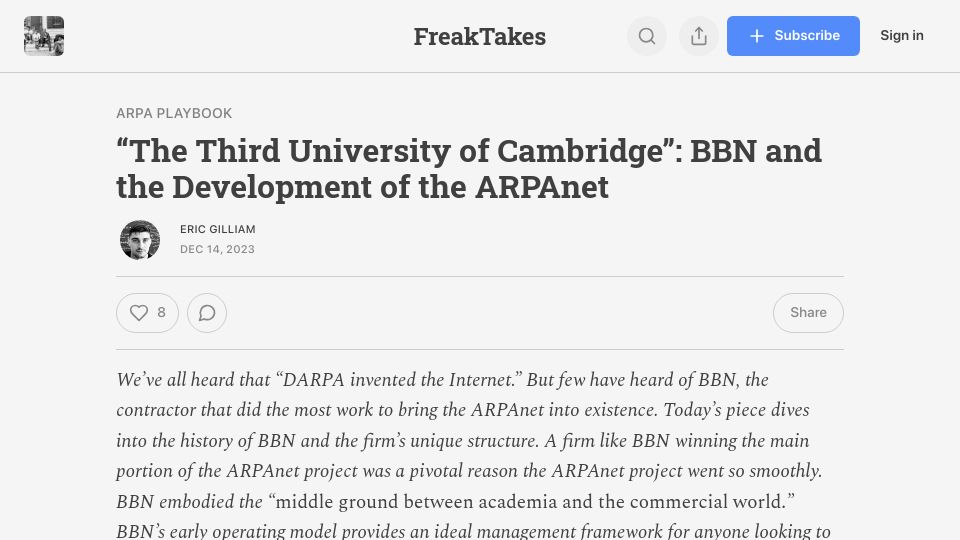 Screenshot of freaktakes.com: BBN and the Development of the ARPAnet
