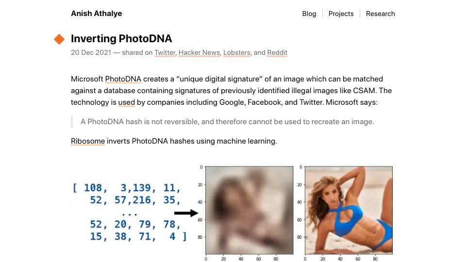 Screenshot of anishathalye.com: Inverting PhotoDNA (2021)