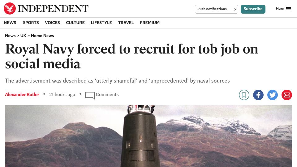 Screenshot of independent.co.uk: Royal Navy forced to recruit for tob job on social media