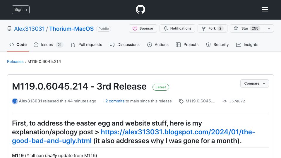 Screenshot of github.com: Thorium – The first browser to score over 600 speedometer points on a Mac M3 Pro