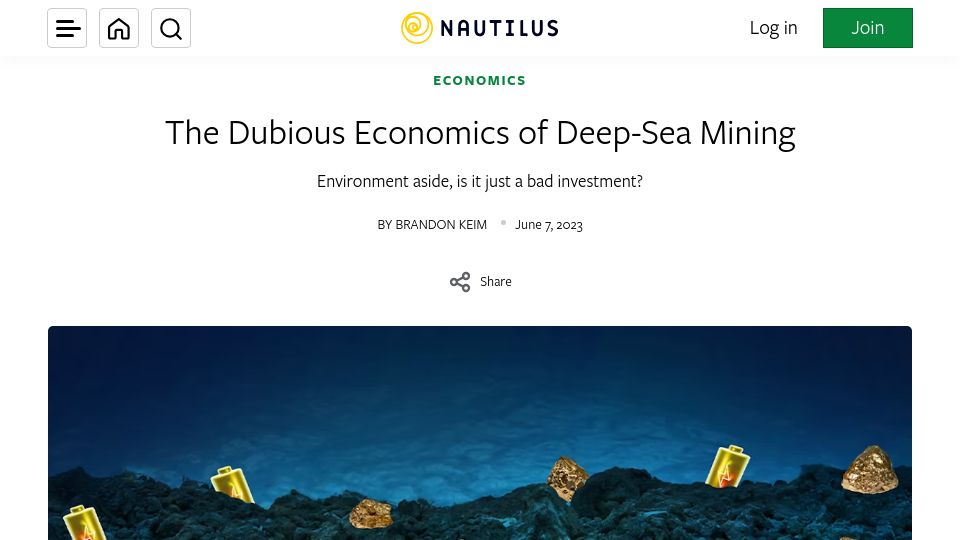 Screenshot of nautil.us: The Dubious Economics of Deep-Sea Mining