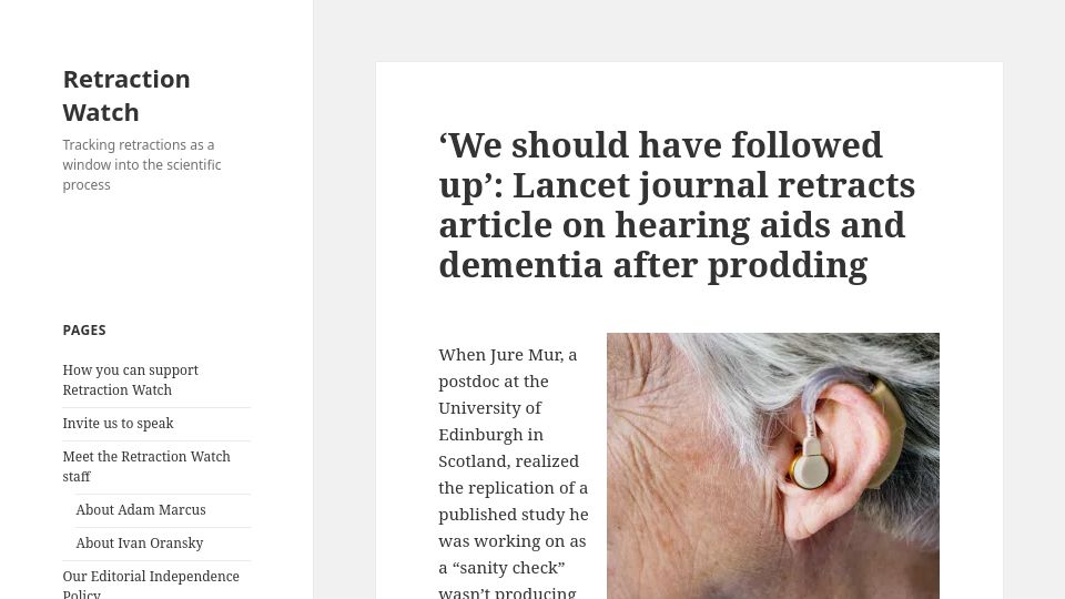 Screenshot of retractionwatch.com: Lancet journal retracts article on hearing aids and dementia after prodding