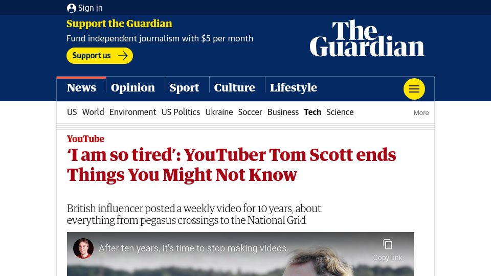 Screenshot of theguardian.com: 'I Am So Tired': YouTuber Tom Scott Ends Things You Might Not Know