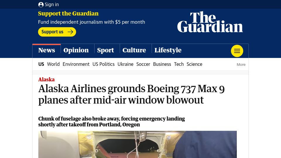 Screenshot of theguardian.com: Alaska Airlines grounds Boeing 737 Max 9 planes after mid-air window blowout