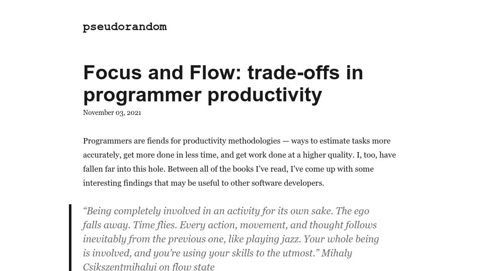 Screenshot of aaronbuxbaum.com: Focus and Flow: trade-offs in programmer productivity (2021)