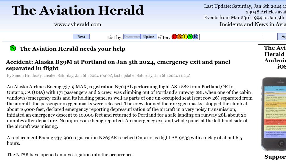 Screenshot of avherald.com: Alaska Airlines grounds 737 Max fleet