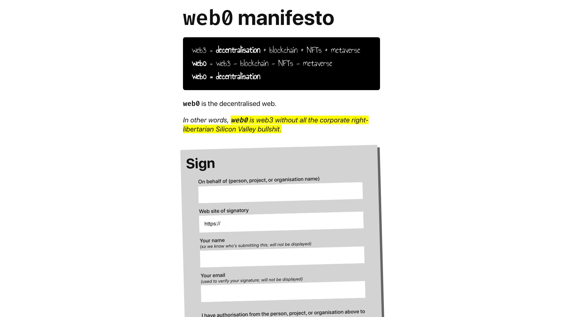 Screenshot of web0.small-web.org: Web0 Manifesto