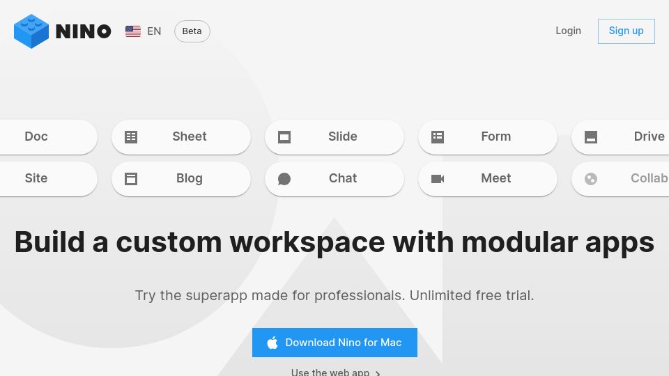 Screenshot of nino.app: Show HN: I made an app that consolidated 18 apps (doc, sheet, form, site, chat…)