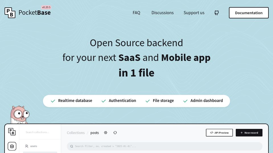 Screenshot of pocketbase.io: Pocketbase: Open-source back end in one file