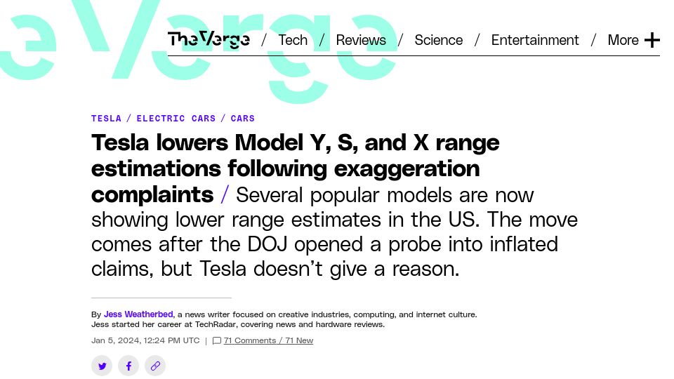 Screenshot of theverge.com: Tesla lowers Model Y, S, X range estimations following exaggeration complaints