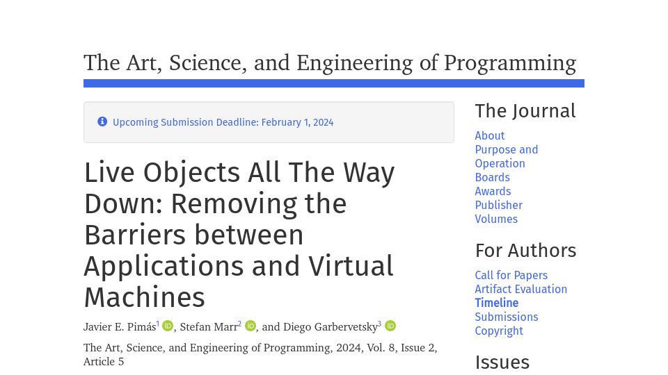 Screenshot of programming-journal.org: Live Objects All the Way Down: Removing the Barriers Between Apps and VMs