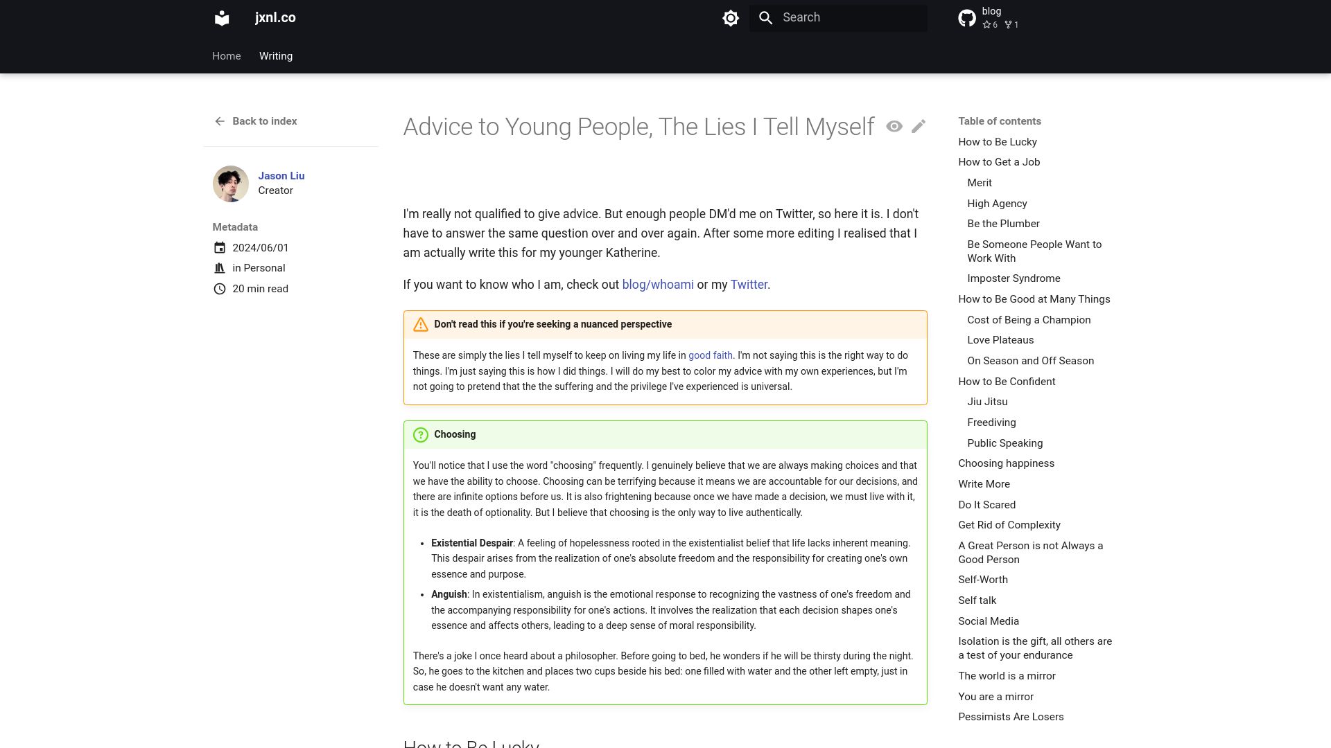 Screenshot of jxnl.github.io: Advice to young people, the lies I tell myself