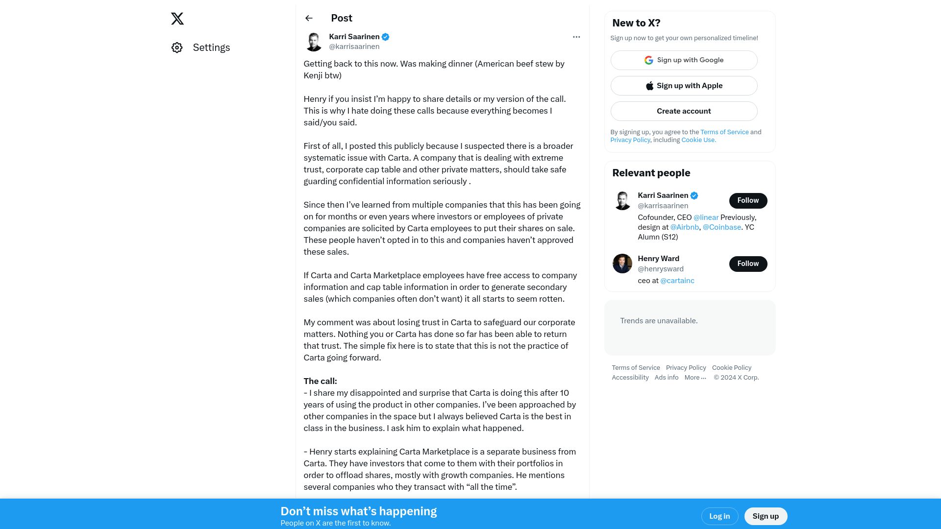 Screenshot of twitter.com: Linear CEO alleges Carta mishandled sensitive cap table data