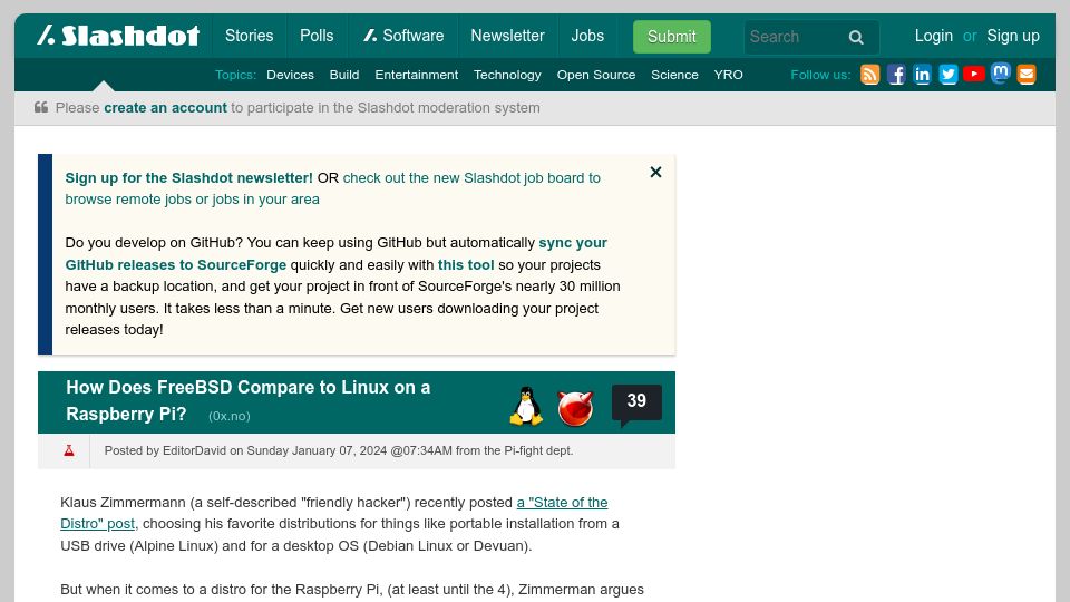 Screenshot of m.slashdot.org: How Does FreeBSD Compare to Linux on a Raspberry Pi?