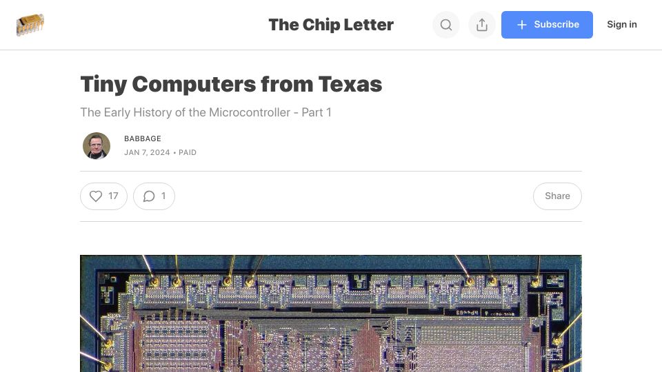 Screenshot of thechipletter.substack.com: Tiny Computers from Texas: The Early History of the Microcontroller