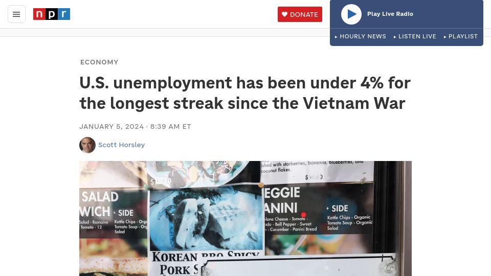 Screenshot of npr.org: US unemployment has been under 4% for the longest streak since the Vietnam War