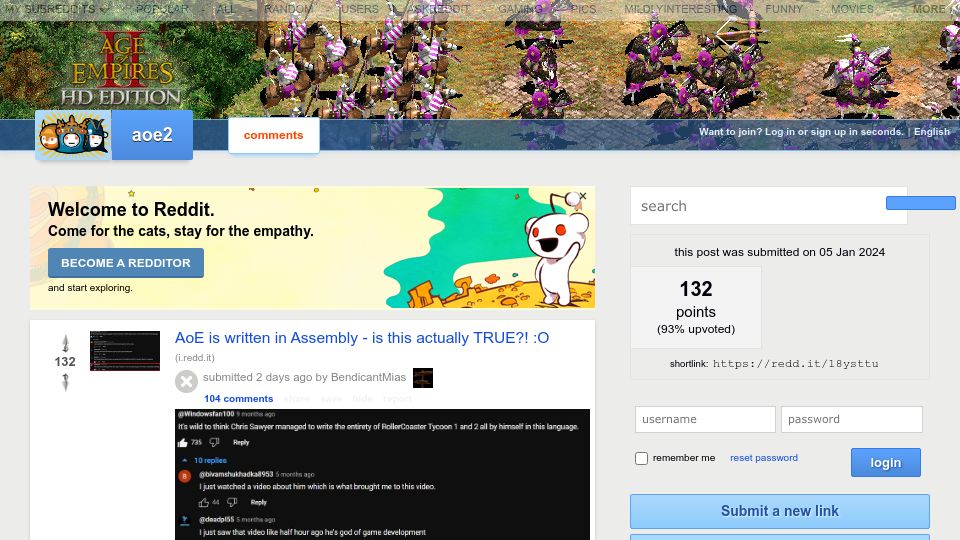 Screenshot of old.reddit.com: Original Age of Empires 2 dev talks about its usage of assembly code