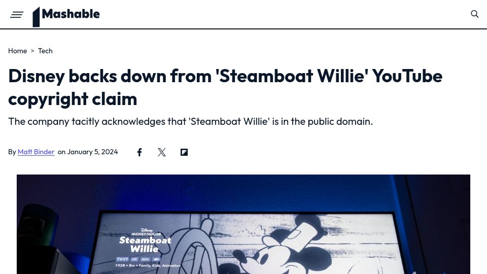 Screenshot of mashable.com: Disney backs down from 'Steamboat Willie' YouTube copyright claim